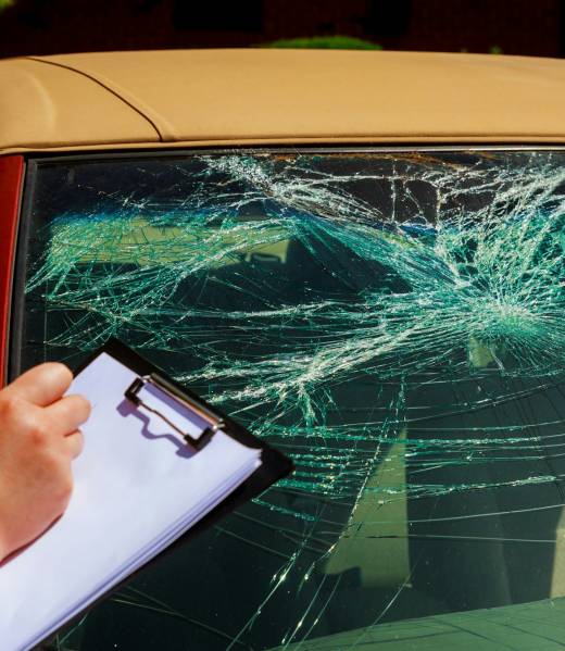 Insurance agent writing report on clipboard after car accident